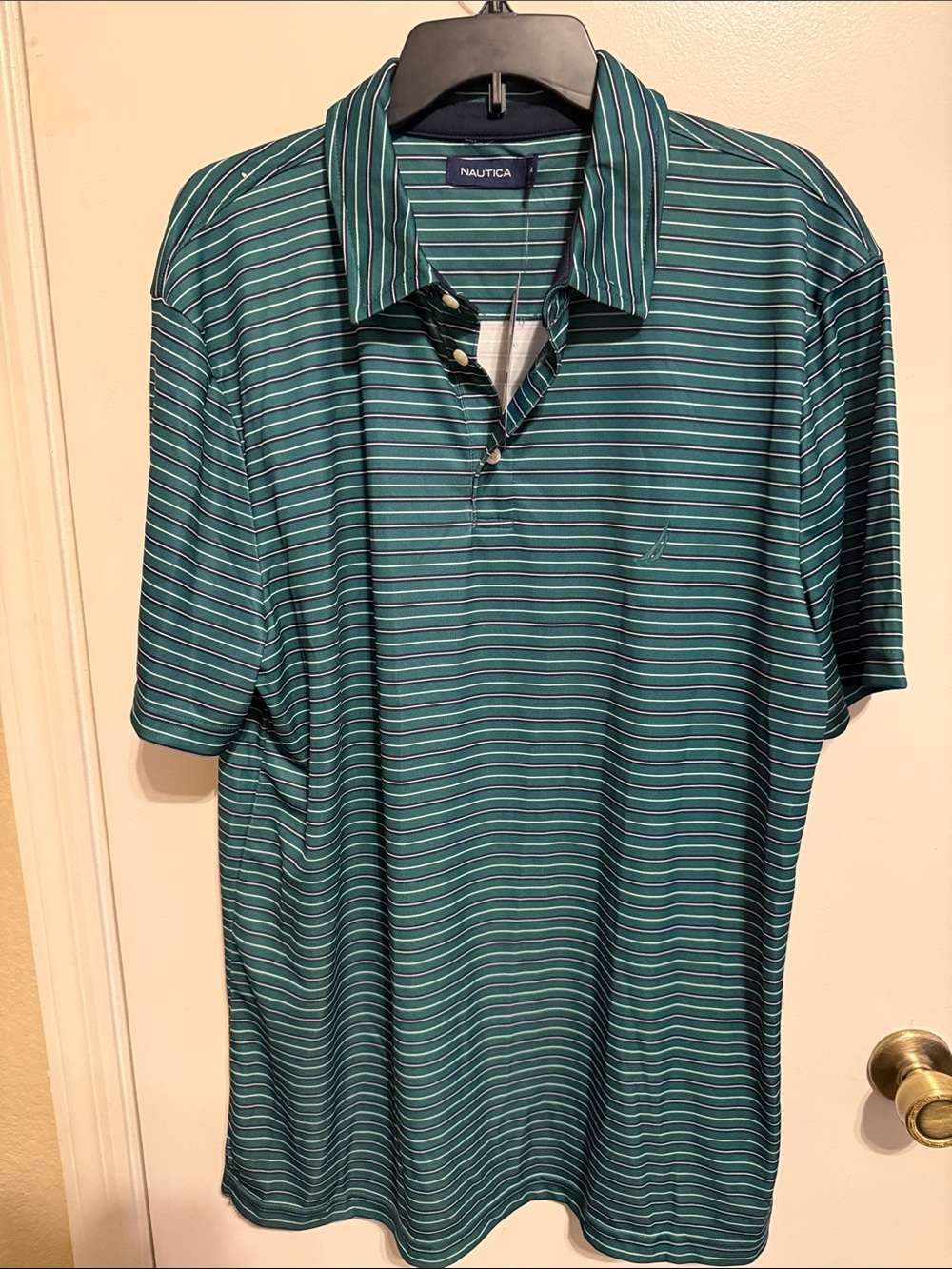 Nautica Men’s Teal and White Striped Polo